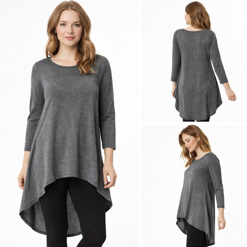 Linear Grey High Low Tunic Top‎ XL USA Made Stretch Knit Long Sleeve